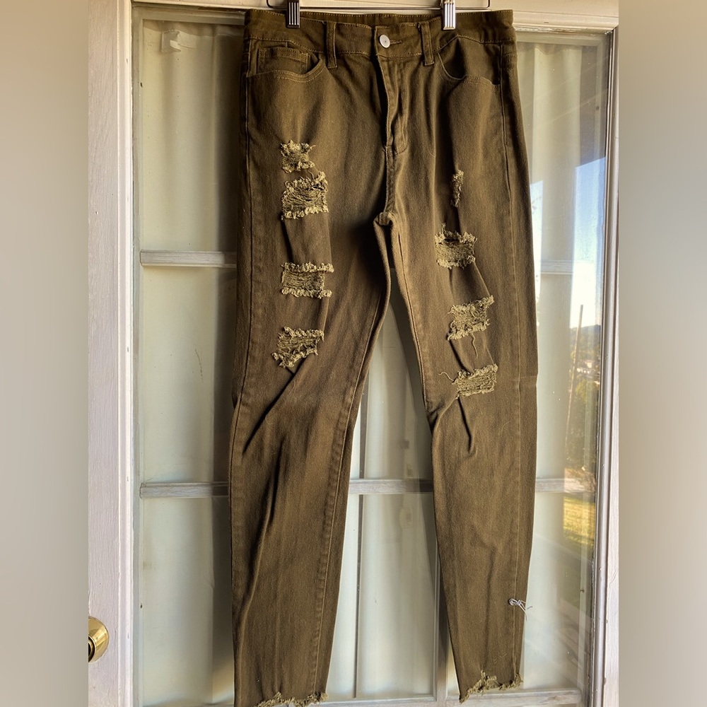 SHEIN Olive green high waisted skinny distressed jeans